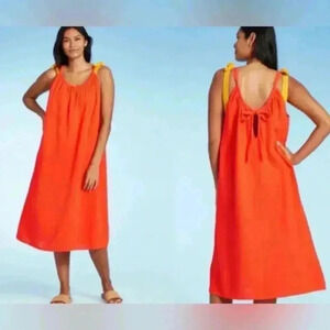 Kona Sol Dress Womens Orange Cotton Gauzy Sleeveless Drawstring Beach Cover Up